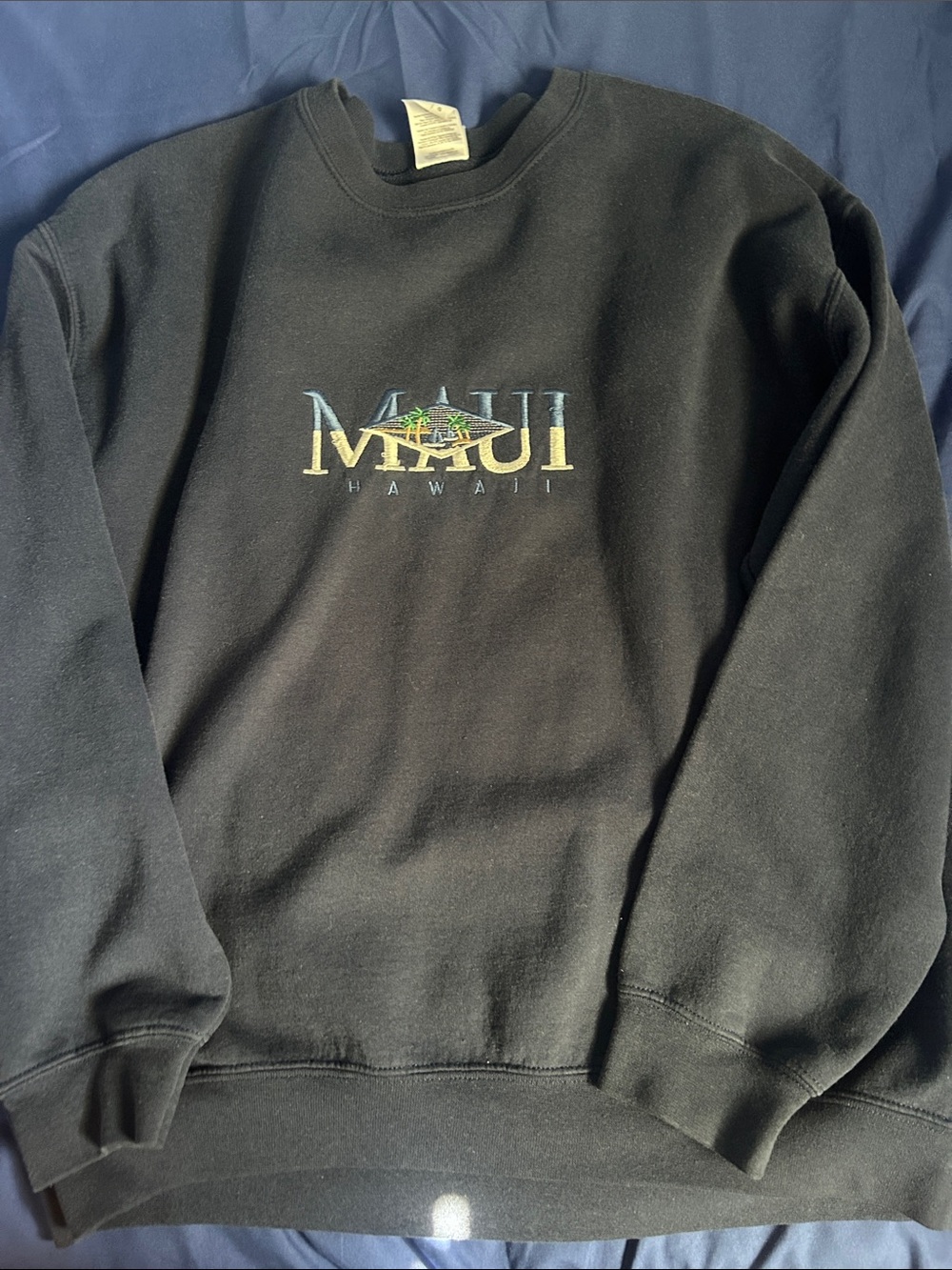 Gildan Navy Blue Crewneck Sweatshirt with Yellow and Blue Maui Embroidery